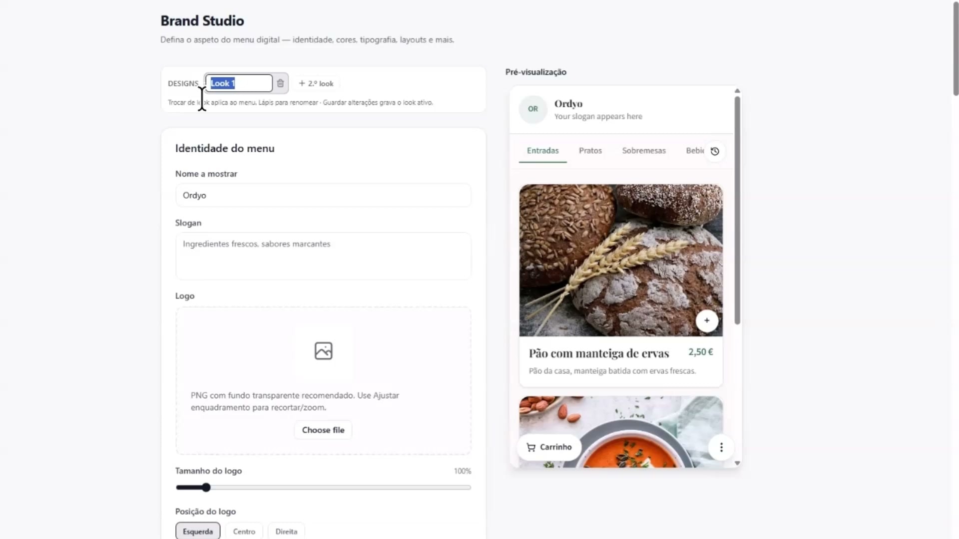 Ordyo Brand Studio com pré-visualização do menu