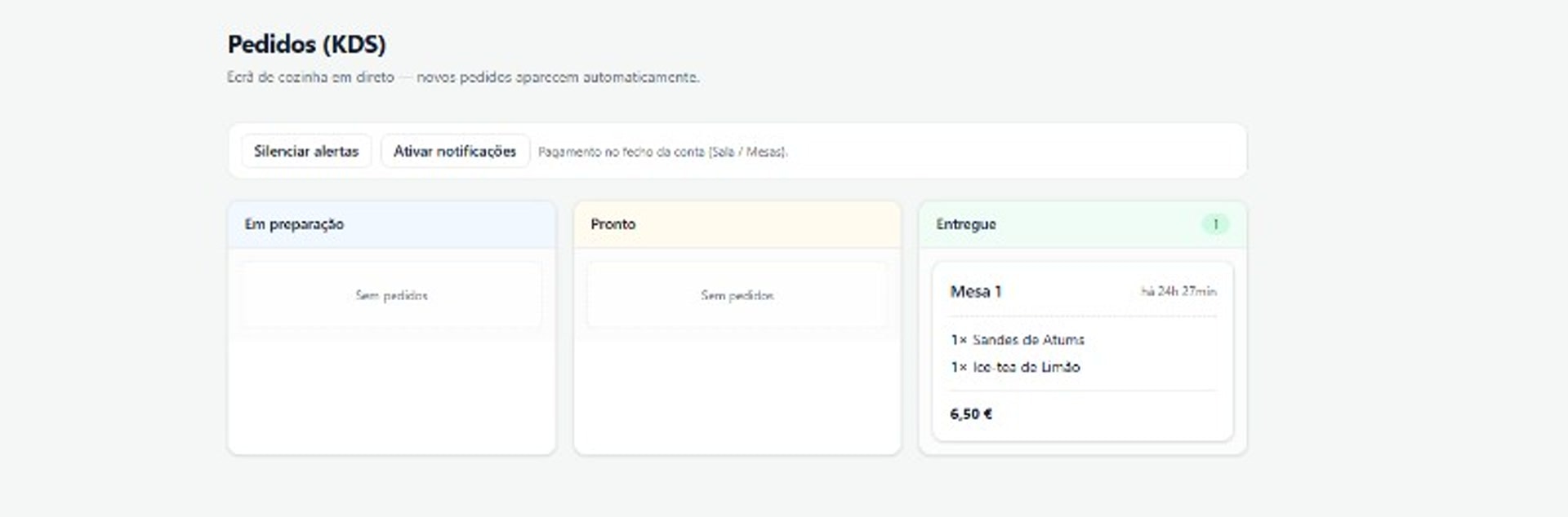 Ordyo — ecrã de pedidos com Mesa 1 pronta a servir